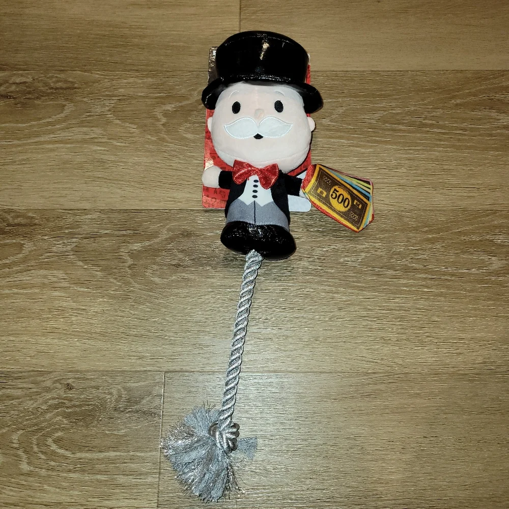Hasbro Monopoly Milburn Pennybags Squeak & Crinkle Dog Toy Rope New